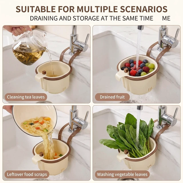 Alt view image 6 of 7 - Hanging Sink Drain Basket, Kitchen Sink Strainer Basket, Sink Drain Strainer Self Cleaning Multifunctional Hanging Sink Drain Basket for Draining, Washing, Storage (Green+Brown)