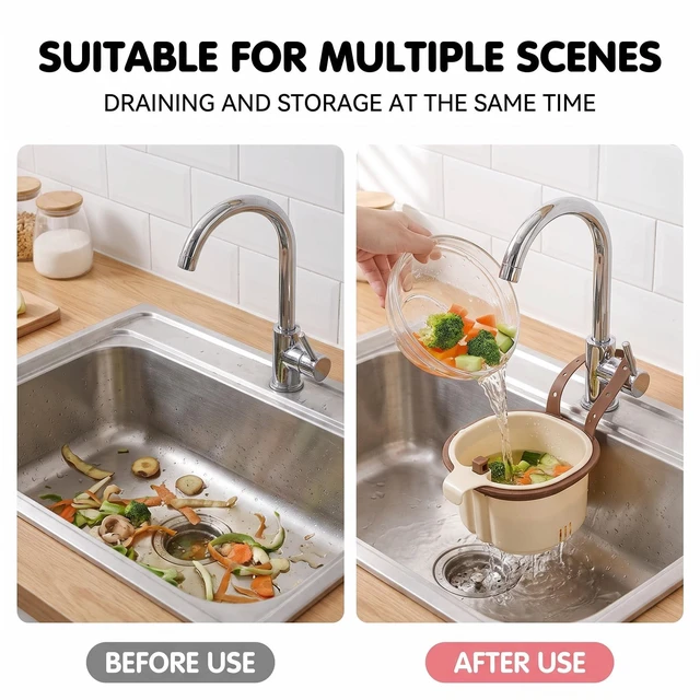Alt view image 7 of 7 - Hanging Sink Drain Basket, Kitchen Sink Strainer Basket, Sink Drain Strainer Self Cleaning Multifunctional Hanging Sink Drain Basket for Draining, Washing, Storage (Green+Brown)