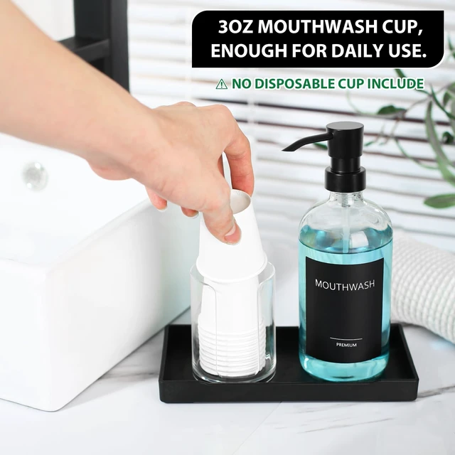 Alt view image 3 of 7 - Mouthwash Dispenser for Bathroom, Glass Mouth Wash Pump Dispenser with Cup Holder, 17 Fl Oz Mouthwash Bottle Decanter with Tray, Refillable Mouthwash Dispenser Container