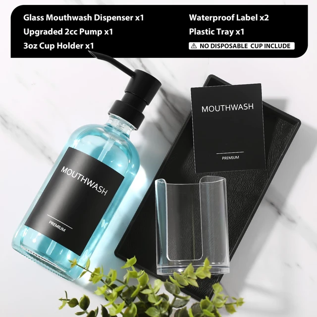 Alt view image 5 of 7 - Mouthwash Dispenser for Bathroom, Glass Mouth Wash Pump Dispenser with Cup Holder, 17 Fl Oz Mouthwash Bottle Decanter with Tray, Refillable Mouthwash Dispenser Container