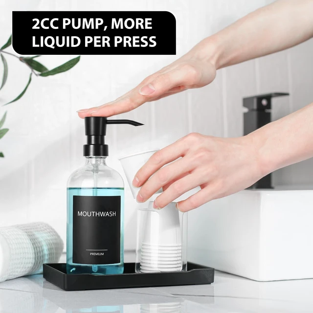 Alt view image 4 of 7 - Mouthwash Dispenser for Bathroom, Glass Mouth Wash Pump Dispenser with Cup Holder, 17 Fl Oz Mouthwash Bottle Decanter with Tray, Refillable Mouthwash Dispenser Container