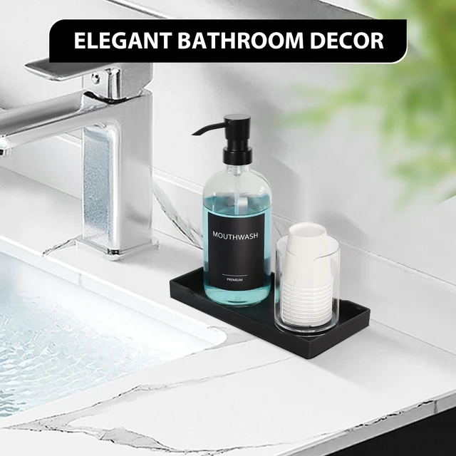 Alt view image 6 of 7 - Mouthwash Dispenser for Bathroom, Glass Mouth Wash Pump Dispenser with Cup Holder, 17 Fl Oz Mouthwash Bottle Decanter with Tray, Refillable Mouthwash Dispenser Container