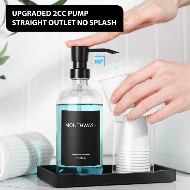 Alt view image 7 of 7 - Mouthwash Dispenser for Bathroom, Glass Mouth Wash Pump Dispenser with Cup Holder, 17 Fl Oz Mouthwash Bottle Decanter with Tray, Refillable Mouthwash Dispenser Container