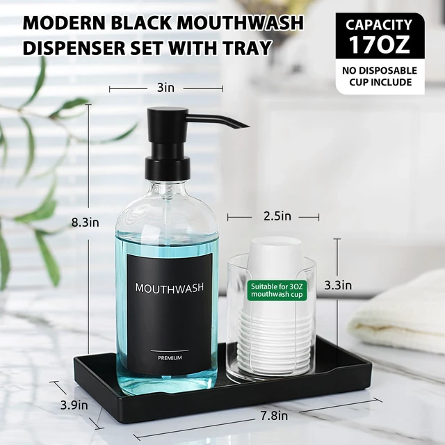 Alt view image 2 of 7 - Mouthwash Dispenser for Bathroom, Glass Mouth Wash Pump Dispenser with Cup Holder, 17 Fl Oz Mouthwash Bottle Decanter with Tray, Refillable Mouthwash Dispenser Container