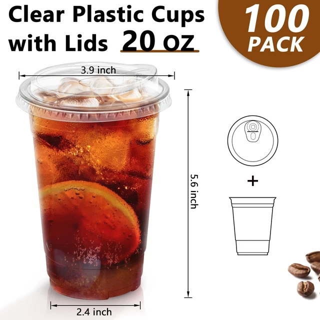 Alt view image 2 of 7 - 20 oz 100 Pack Plastic Cups with Lids Disposable Iced Coffee Cups | Leak-Proof & Sturdy, Heavy Duty, Sip Lids, Clear Cups, for Cold Drinks, Juice, Milkshake, Smoothie, Cold Beverage, Food Safe