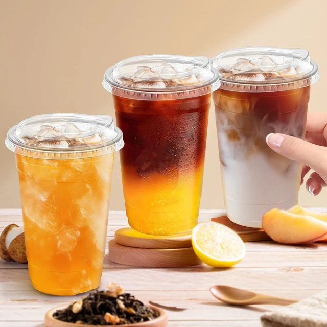Alt view image 3 of 7 - 20 oz 100 Pack Plastic Cups with Lids Disposable Iced Coffee Cups | Leak-Proof & Sturdy, Heavy Duty, Sip Lids, Clear Cups, for Cold Drinks, Juice, Milkshake, Smoothie, Cold Beverage, Food Safe