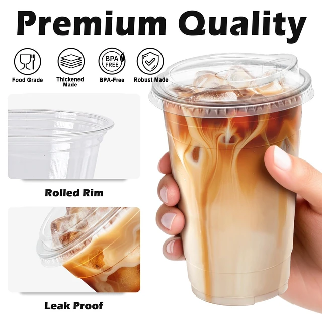 Alt view image 4 of 7 - 20 oz 100 Pack Plastic Cups with Lids Disposable Iced Coffee Cups | Leak-Proof & Sturdy, Heavy Duty, Sip Lids, Clear Cups, for Cold Drinks, Juice, Milkshake, Smoothie, Cold Beverage, Food Safe