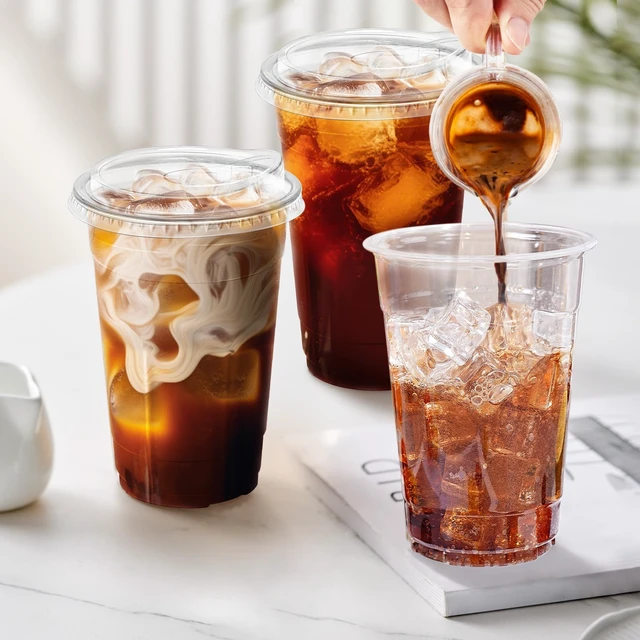 Alt view image 5 of 7 - 20 oz 100 Pack Plastic Cups with Lids Disposable Iced Coffee Cups | Leak-Proof & Sturdy, Heavy Duty, Sip Lids, Clear Cups, for Cold Drinks, Juice, Milkshake, Smoothie, Cold Beverage, Food Safe