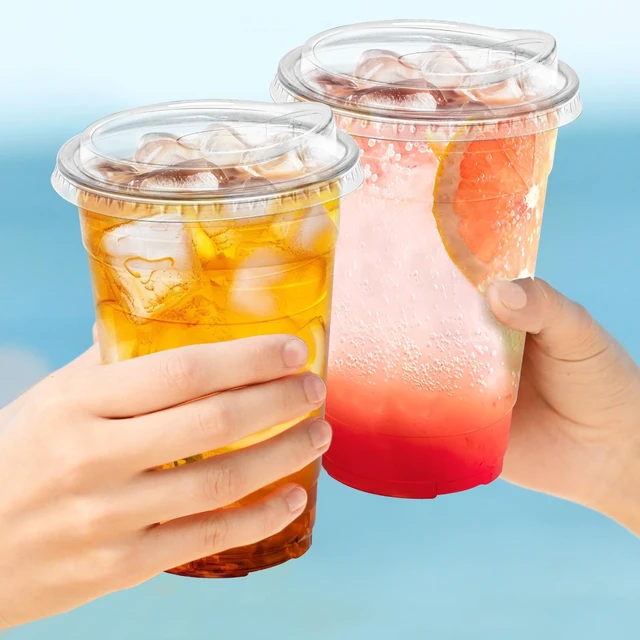 Alt view image 7 of 7 - 20 oz 100 Pack Plastic Cups with Lids Disposable Iced Coffee Cups | Leak-Proof & Sturdy, Heavy Duty, Sip Lids, Clear Cups, for Cold Drinks, Juice, Milkshake, Smoothie, Cold Beverage, Food Safe