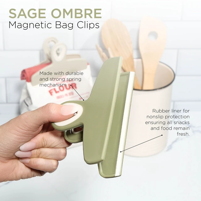 Alt view image 2 of 6 - Bag Clips - Heavy Duty Chip Clip and Refrigerator Magnet Clips for Food Storage with Air Tight Seal Grip, Sage, Pack of 8