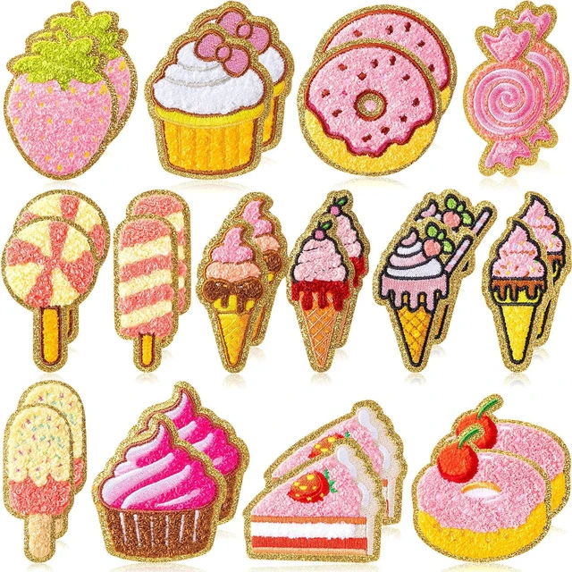 Main image of 28 Pcs Pink Desserts Chenille Patches, Self Adhesive, Sweet Treat | Donut Cupcake Ice Cream Candy Designs, For Backpacks Jackets Clothing, Back to School DIY, Embroidered No Sewing Needed