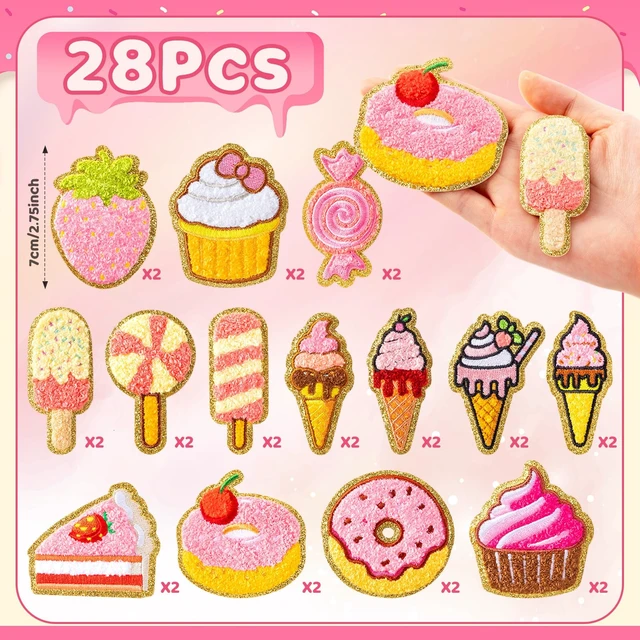 Alt view image 2 of 7 - 28 Pcs Pink Desserts Chenille Patches, Self Adhesive, Sweet Treat | Donut Cupcake Ice Cream Candy Designs, For Backpacks Jackets Clothing, Back to School DIY, Embroidered No Sewing Needed