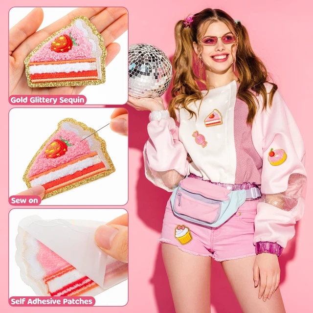 Alt view image 3 of 7 - 28 Pcs Pink Desserts Chenille Patches, Self Adhesive, Sweet Treat | Donut Cupcake Ice Cream Candy Designs, For Backpacks Jackets Clothing, Back to School DIY, Embroidered No Sewing Needed
