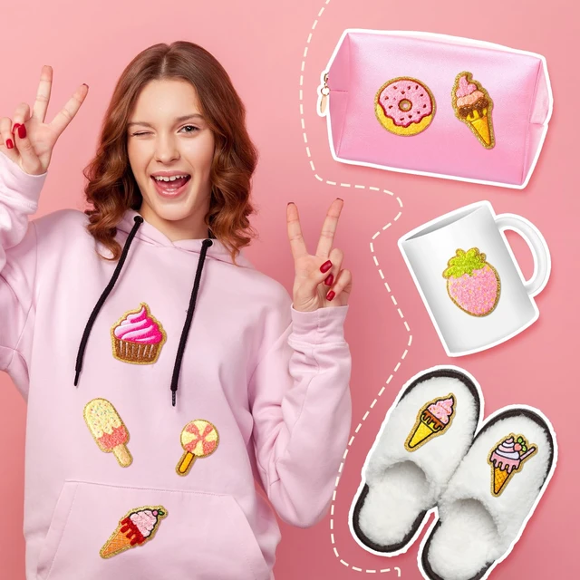 Alt view image 4 of 7 - 28 Pcs Pink Desserts Chenille Patches, Self Adhesive, Sweet Treat | Donut Cupcake Ice Cream Candy Designs, For Backpacks Jackets Clothing, Back to School DIY, Embroidered No Sewing Needed