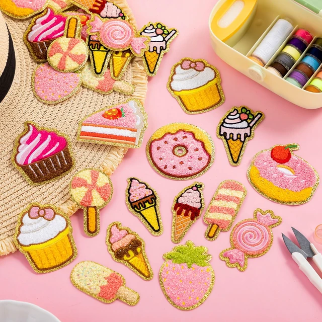 Alt view image 5 of 7 - 28 Pcs Pink Desserts Chenille Patches, Self Adhesive, Sweet Treat | Donut Cupcake Ice Cream Candy Designs, For Backpacks Jackets Clothing, Back to School DIY, Embroidered No Sewing Needed