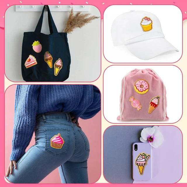 Alt view image 7 of 7 - 28 Pcs Pink Desserts Chenille Patches, Self Adhesive, Sweet Treat | Donut Cupcake Ice Cream Candy Designs, For Backpacks Jackets Clothing, Back to School DIY, Embroidered No Sewing Needed