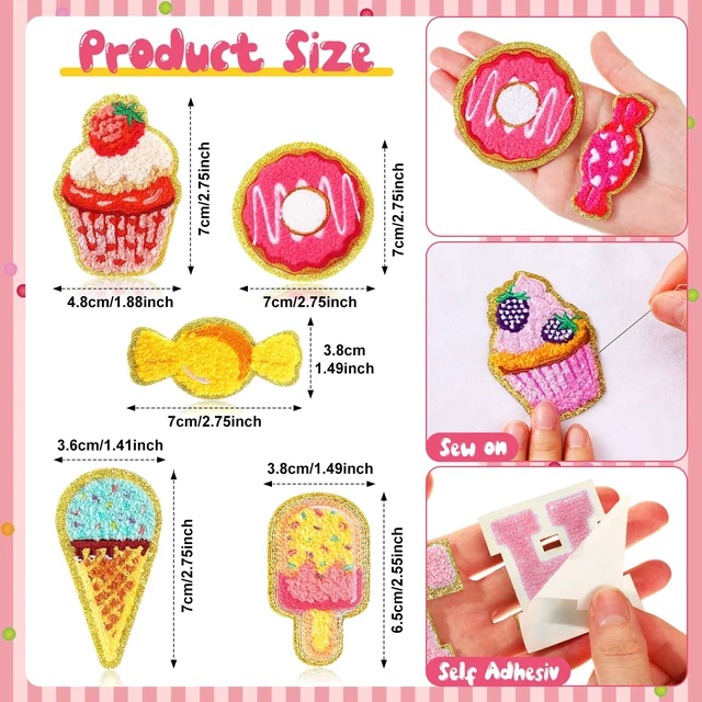 Alt view image 2 of 7 - 28 Pcs Kawaii Food Chenille Patches, Self Adhesive, DIY Accessory | Cute Dessert Theme Sticker, Cupcake Donut Ice Cream Candy, Embroidered Patches for Backpacks Clothing Jackets, Back to School