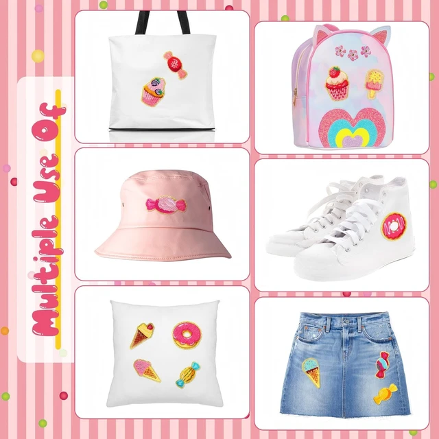 Alt view image 3 of 7 - 28 Pcs Kawaii Food Chenille Patches, Self Adhesive, DIY Accessory | Cute Dessert Theme Sticker, Cupcake Donut Ice Cream Candy, Embroidered Patches for Backpacks Clothing Jackets, Back to School