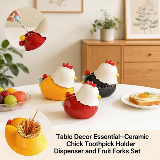 Alt view image 2 of 6 - Toothpick Holder Dispenser and Fruit Fork Set, Unique Cute Kitchen Decor and Gadgets Gifts, 3 Food-Grade 304 Stainless Steel Forks, Funny Kitchen Gadgets for Home Table Accessories
