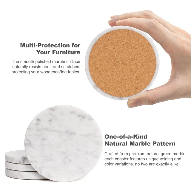 Alt view image 7 of 7 - Set of 4 White Drink Coasters, 4-Inch Exquisite Marble Stone Coasters, Natural Stone Design, Perfect for housewarmings, Anniversaries, and Office Decor, While Helping Protect countertops