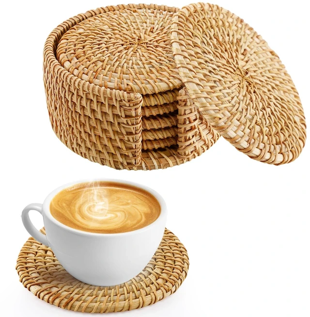Main image of Handmade Rattan Coasters Set of 6 with Holder, Farmhouse Home Decor | Boho Drink Coaster, Beach Coastal Kitchen Living Room Table Decor, Coffee Bar Accessories, House Warming Gifts New Home