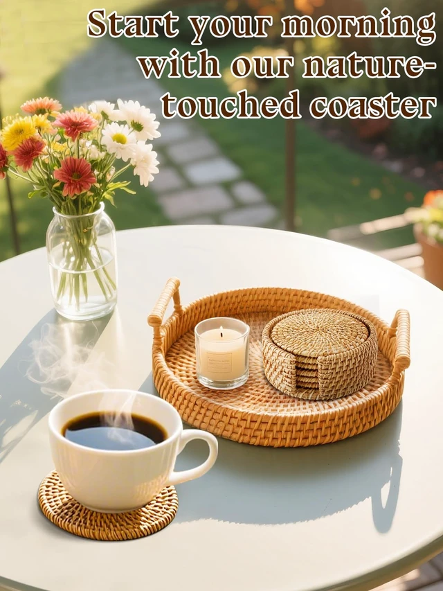 Alt view image 2 of 7 - Handmade Rattan Coasters Set of 6 with Holder, Farmhouse Home Decor | Boho Drink Coaster, Beach Coastal Kitchen Living Room Table Decor, Coffee Bar Accessories, House Warming Gifts New Home