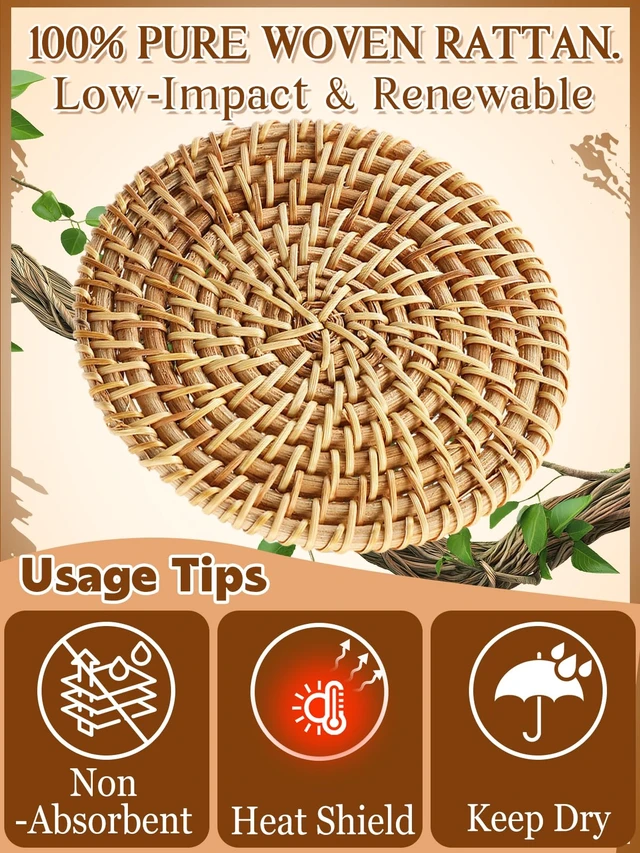 Alt view image 3 of 7 - Handmade Rattan Coasters Set of 6 with Holder, Farmhouse Home Decor | Boho Drink Coaster, Beach Coastal Kitchen Living Room Table Decor, Coffee Bar Accessories, House Warming Gifts New Home