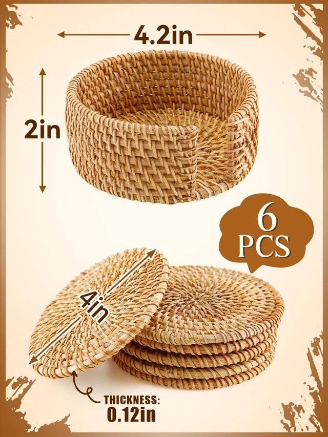 Alt view image 6 of 7 - Handmade Rattan Coasters Set of 6 with Holder, Farmhouse Home Decor | Boho Drink Coaster, Beach Coastal Kitchen Living Room Table Decor, Coffee Bar Accessories, House Warming Gifts New Home