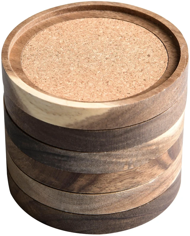 Main image of Acacia Wood Coasters for Drinks, 4.13 Inch, Set of 6, Absorbent and Insulation Cork Stackable Cup Holders, Rustic Coasters for Wooden Table, Designed by