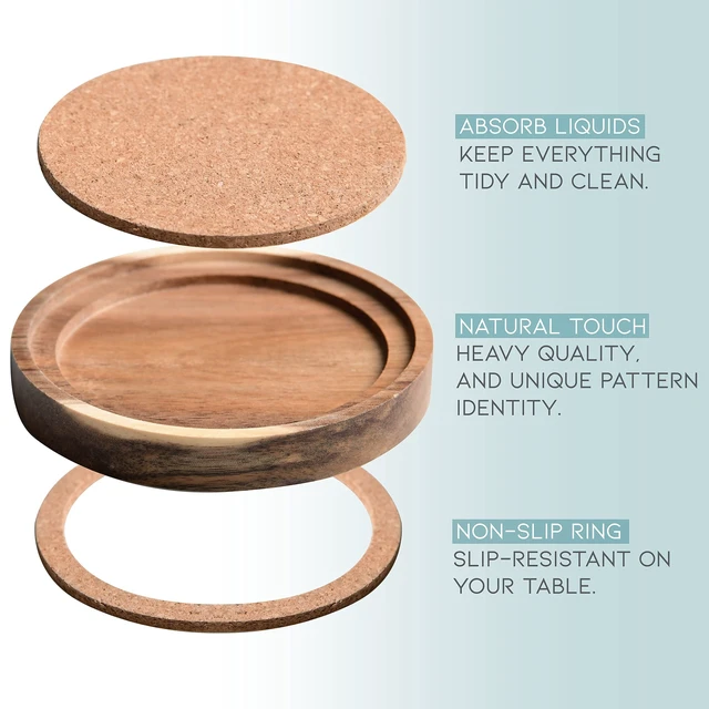 Alt view image 3 of 7 - Acacia Wood Coasters for Drinks, 4.13 Inch, Set of 6, Absorbent and Insulation Cork Stackable Cup Holders, Rustic Coasters for Wooden Table, Designed by
