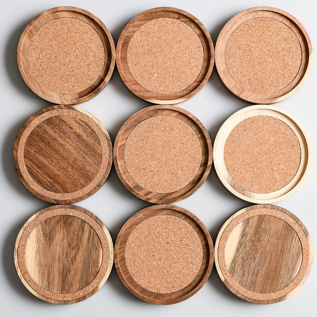 Alt view image 4 of 7 - Acacia Wood Coasters for Drinks, 4.13 Inch, Set of 6, Absorbent and Insulation Cork Stackable Cup Holders, Rustic Coasters for Wooden Table, Designed by