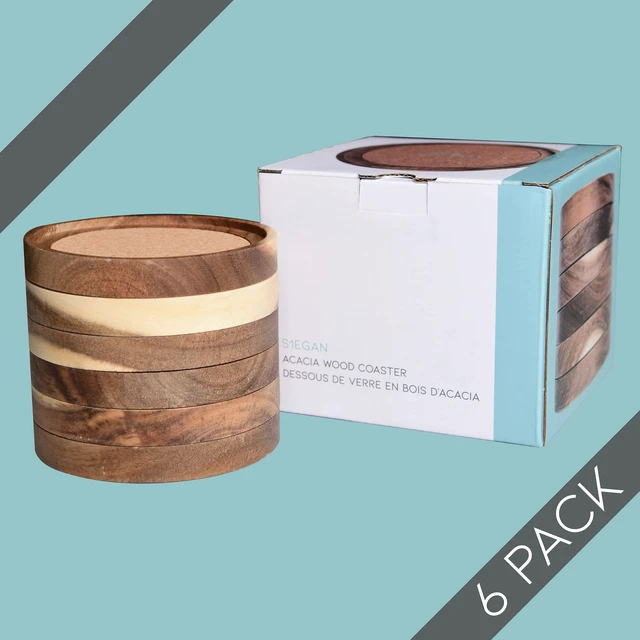 Alt view image 7 of 7 - Acacia Wood Coasters for Drinks, 4.13 Inch, Set of 6, Absorbent and Insulation Cork Stackable Cup Holders, Rustic Coasters for Wooden Table, Designed by