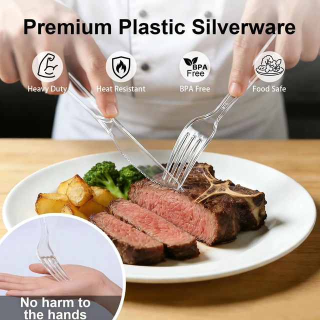 Alt view image 4 of 7 - 360 Count Clear Plastic Silverware Set,Disposable Utensils Plastic | 150 Forks 150 Spoons 60 Knives, Heavy Duty BPA-free Heat Resistant, Ideal For Weddings Parties Events Catering Home