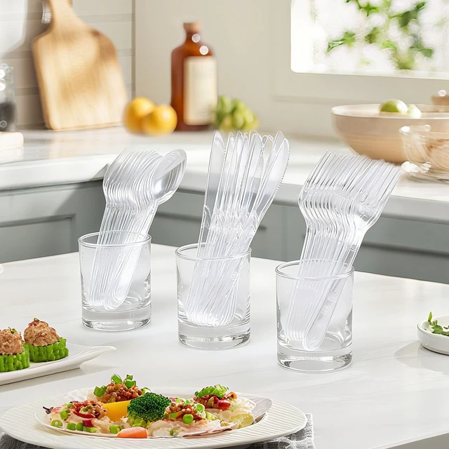 Alt view image 6 of 7 - 360 Count Clear Plastic Silverware Set,Disposable Utensils Plastic | 150 Forks 150 Spoons 60 Knives, Heavy Duty BPA-free Heat Resistant, Ideal For Weddings Parties Events Catering Home
