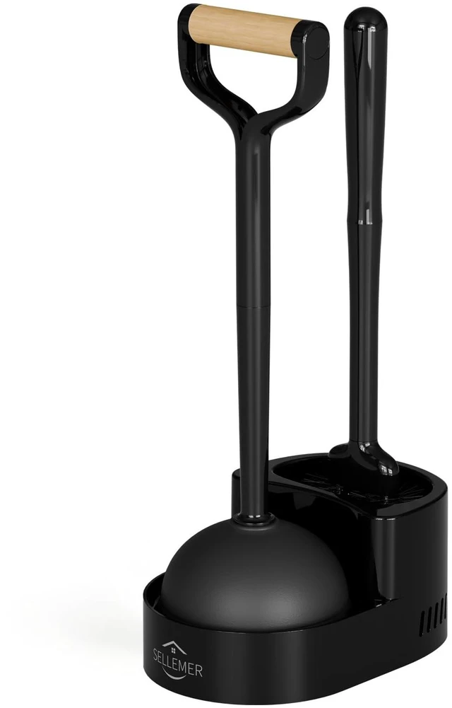 Main image of Toilet Brush and Plunger Set, Curved Head for Deep Cleaning, Black | Brush and Plunger set, Curved Nylon Bristles for Deep Clean, Strong Suction Plunger, Ventilated Holder for Quickly Air Dry