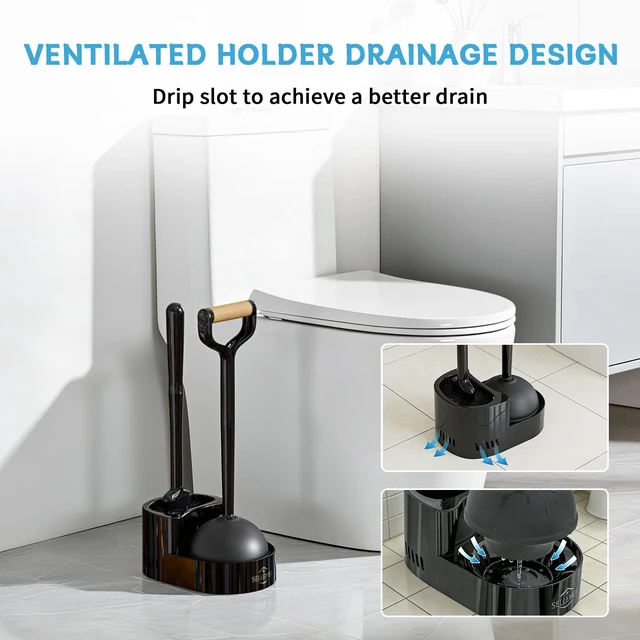 Alt view image 6 of 7 - Toilet Brush and Plunger Set, Curved Head for Deep Cleaning, Black | Brush and Plunger set, Curved Nylon Bristles for Deep Clean, Strong Suction Plunger, Ventilated Holder for Quickly Air Dry
