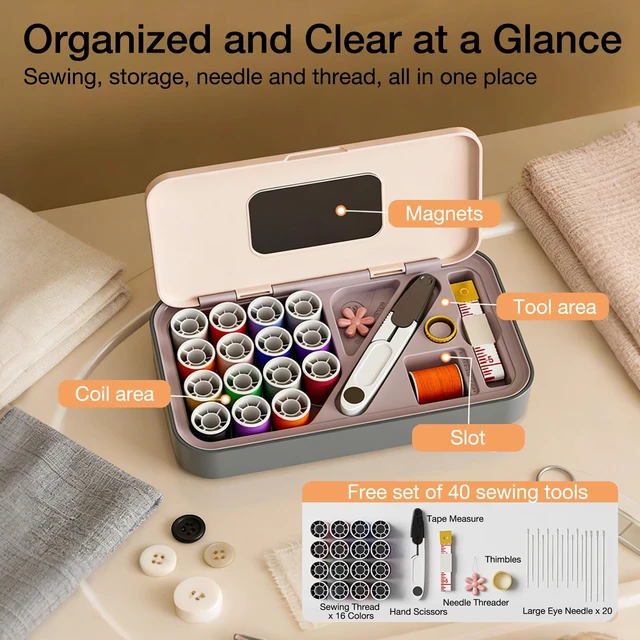 Alt view image 3 of 7 - Sewing Kit Box 40 Pcs, Magnetic Needle Storage, Cream | All-in-one Hand Sewing Kit with Complete Thread & Needle Accessories, Ideal for Daily Mending, Crafting, Emergency & Travel