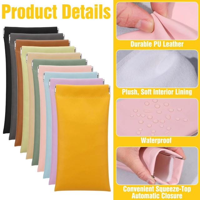 Alt view image 3 of 7 - 20 Pack Soft Leather Sunglasses Case Pouch with Squeeze Top Closure - 10 Colors (2 Each), PU Eyeglasses Holder for Women & Men, Anti-Scratch Glasses Storage Bag
