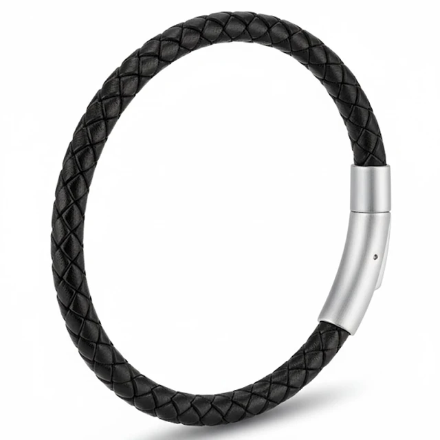 Main image of Black Braided Leather Bracelet Premium Stainless Steel Push-Lock | For men and women, braided leather with secure push-lock clasp, no magnets; hypoallergenic stainless steel; 7.5 and 8.5 inch