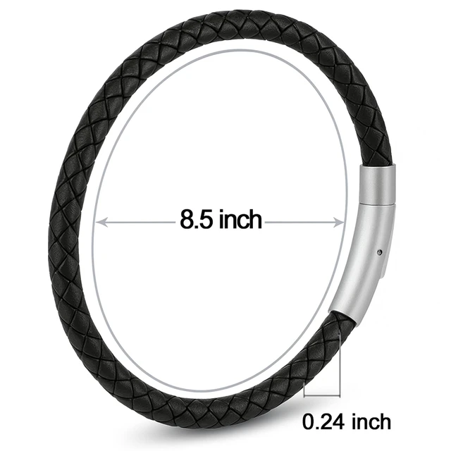 Alt view image 2 of 7 - Black Braided Leather Bracelet Premium Stainless Steel Push-Lock | For men and women, braided leather with secure push-lock clasp, no magnets; hypoallergenic stainless steel; 7.5 and 8.5 inch