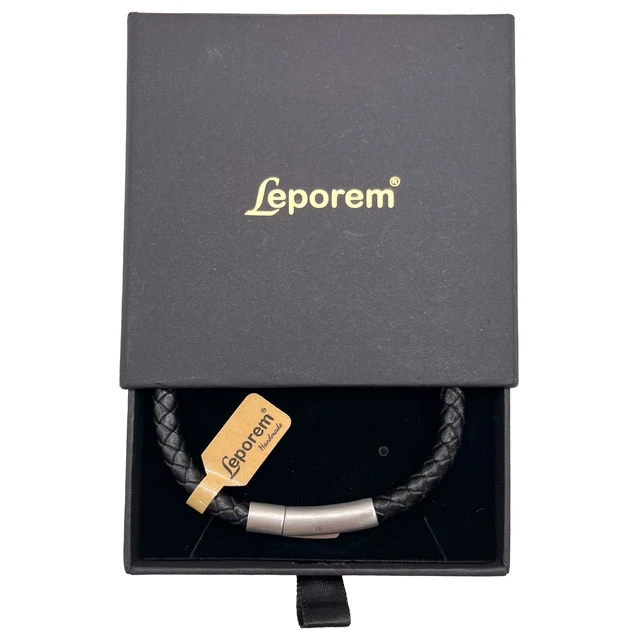 Alt view image 3 of 7 - Black Braided Leather Bracelet Premium Stainless Steel Push-Lock | For men and women, braided leather with secure push-lock clasp, no magnets; hypoallergenic stainless steel; 7.5 and 8.5 inch