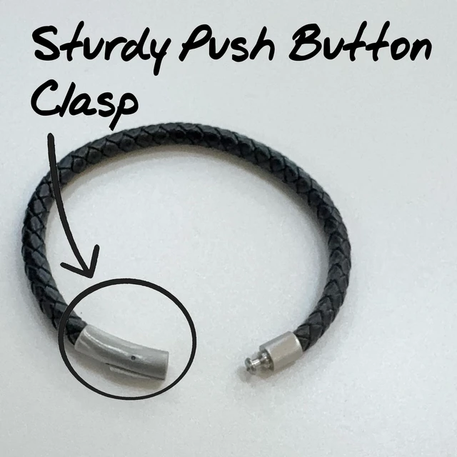 Alt view image 5 of 7 - Black Braided Leather Bracelet Premium Stainless Steel Push-Lock | For men and women, braided leather with secure push-lock clasp, no magnets; hypoallergenic stainless steel; 7.5 and 8.5 inch