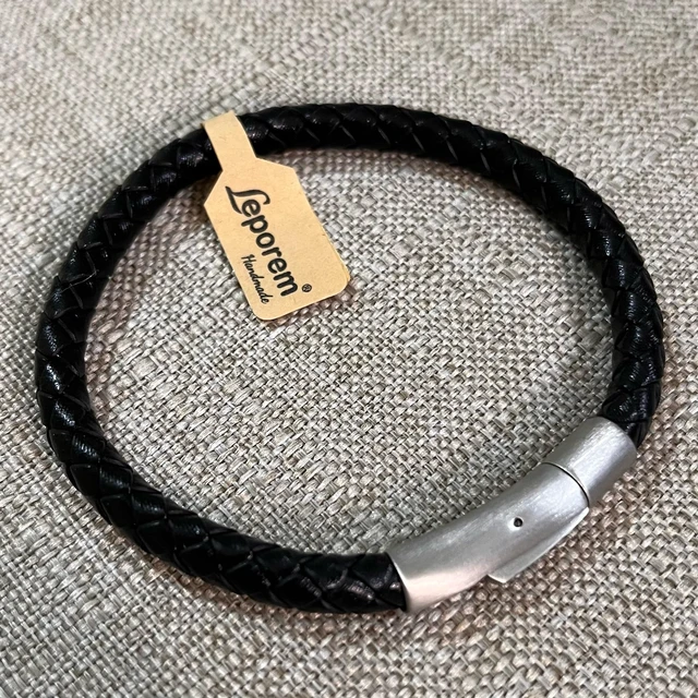 Alt view image 7 of 7 - Black Braided Leather Bracelet Premium Stainless Steel Push-Lock | For men and women, braided leather with secure push-lock clasp, no magnets; hypoallergenic stainless steel; 7.5 and 8.5 inch