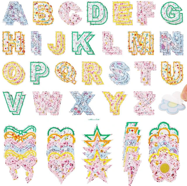 Main image of 82 PCS Adhesive Patches, Sticker Chenille Letter Patches & Decorative Self Adhesive Letter Patches Embroidered Designs with Letter, Rainbow, Flowers, Hearts for Backpacks DIY Crafts