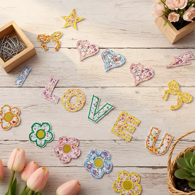 Alt view image 5 of 5 - 82 PCS Adhesive Patches, Sticker Chenille Letter Patches & Decorative Self Adhesive Letter Patches Embroidered Designs with Letter, Rainbow, Flowers, Hearts for Backpacks DIY Crafts