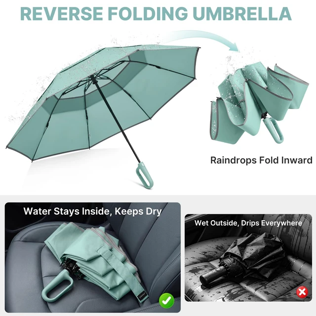 Alt view image 3 of 7 - 46inch Ring Buckle Umbrella, Inverted Design with Carabiner Handle | Compact Travel Umbrella with Reflective Strip, Automatic Windproof for Rain