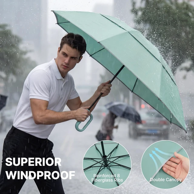 Alt view image 4 of 7 - 46inch Ring Buckle Umbrella, Inverted Design with Carabiner Handle | Compact Travel Umbrella with Reflective Strip, Automatic Windproof for Rain