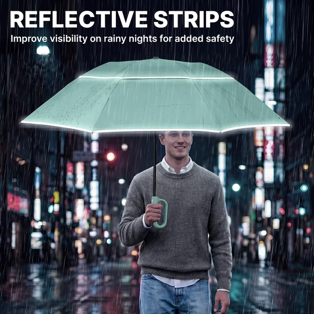Alt view image 6 of 7 - 46inch Ring Buckle Umbrella, Inverted Design with Carabiner Handle | Compact Travel Umbrella with Reflective Strip, Automatic Windproof for Rain