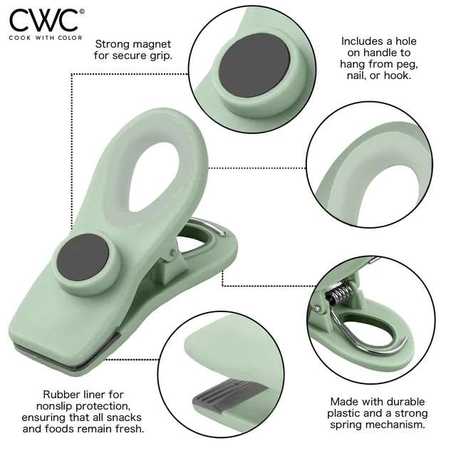 Alt view image 2 of 5 - Bag Clips - Heavy Duty Chip Clip and Refrigerator Magnet Clips for Food Storage with Air Tight Seal Grip, Mint and Grey, Pack of 8
