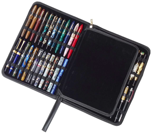 Main image of 48 Fountain Pen Case PU Leather, Rollerball Pen Display Holder Bag, Pouch Large Capacity for your Collection - Black
